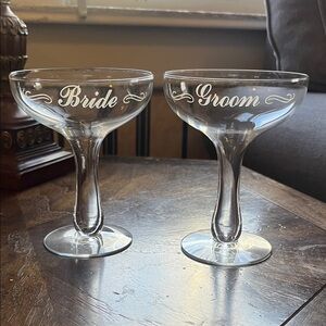 Vintage Bride & Groom Coupe Champagne Glass Set